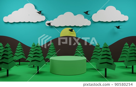 green podium with the low poly forest and sun background.3d rendering. 90580254