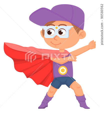 Funny boy in hero red cape. Kid party costume 90580562