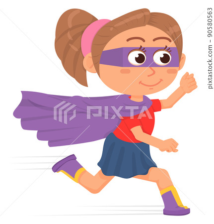 Funny superhero girl running. Kid in carnival costume Funny superhero girl running. Kid in carnival costume 90580563