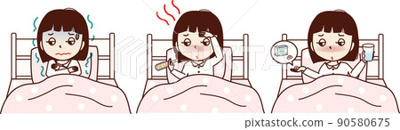 A set illustration of a young woman who goes to bed and feels sick. Chills, fever, taking medicine. 90580675