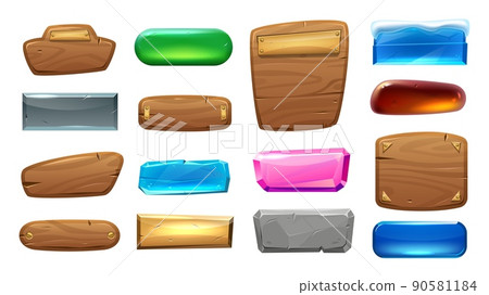 Cartoon game button. Wooden frozen glass and metal interface menu frame elements and banners. Vector app UI rectangular panel isolated collection 90581184