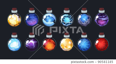 Game magic potion. Witchcraft mystery bottles with alchemy elixir, glass flask with poison and chemicals. Vector game interface asset, cartoon clipart sprite set 90581185