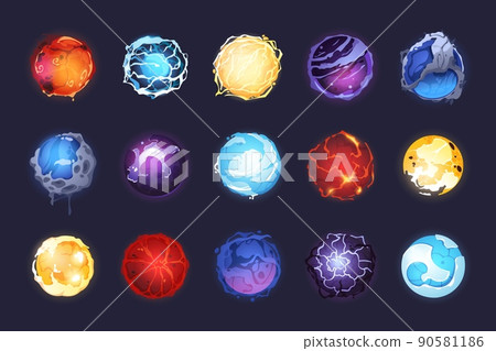 Magic sphere. Cartoon glowing energy balls, and shiny witchcraft crystal for prophecies of future. Vector mysterious fantasy glass with shining sparks color set Magic sphere. Cartoon glowing energy balls, and shiny witchcraft crystal for prophecies of future. Vector mysterious fantasy glass with shining sparks color set 90581186
