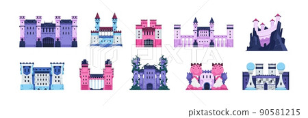 Fairytale castles. Cartoon medieval historic fortress with towers, stone walls and wooden gate, old kingdom palace. Vector fort isolated set Fairytale castles. Cartoon medieval historic fortress with towers, stone walls and wooden gate, old kingdom palace. Vector fort isolated set 90581215