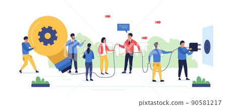 Light bulb idea concept. Cartoon characters searching ideas and turn on light bulb, group working together on problem solution. Vector isolated set Light bulb idea concept. Cartoon characters searching ideas and turn on light bulb, group working together on problem solution. Vector isolated set 90581217
