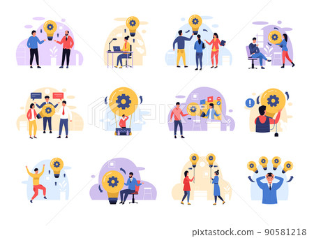 People with light bulbs. Creative business idea and finding solution process, team group working together on innovation. Vector isolated set People with light bulbs. Creative business idea and finding solution process, team group working together on innovation. Vector isolated set 90581218