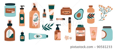 Organic skin care cosmetics. Beauty cream natural scrub and eco shampoo, make up products in different packaging. Vector bottles jars tubes for face moisturizing isolated set 90581233