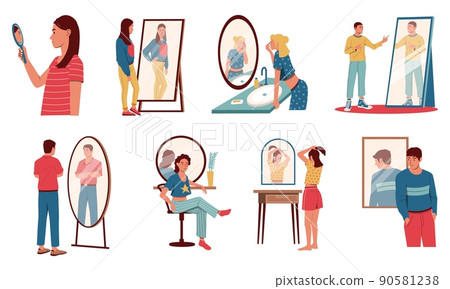 People look in mirror. Cartoon characters seeing reflections of themselves, concept of egoistic or narcissistic person, man and women proud and accept their look. Vector set People look in mirror. Cartoon characters seeing reflections of themselves, concept of egoistic or narcissistic person, man and women proud and accept their look. Vector set 90581238