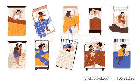 People under blanket. Cartoon characters sleeping in their bed in different poses, young adult and old persons lying dreaming and resting. Vector isolated set 90581286