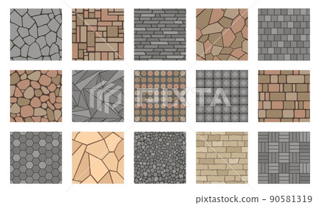 Pavement stones. Street cobblestone tile path, sidewalk and garden patio floor texture, outdoor concrete alley. Vector park road paving plan 90581319