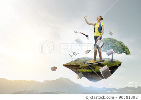 Beautiful young girl with skate board Beautiful young girl with skate board 90581398