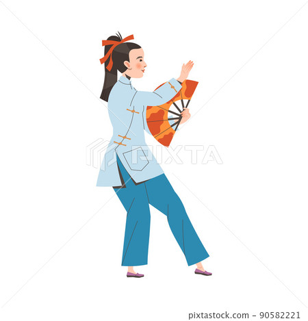 Tai Chi Practice with Woman in Kimono with Fan Doing Qigong Exercise as Internal Chinese Martial Art Vector Illustration 90582221