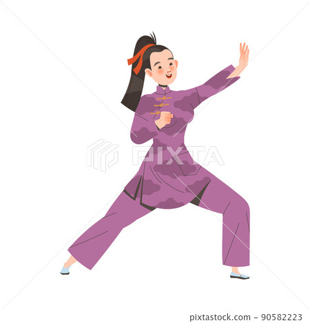 Tai Chi Practice with Woman in Kimono Doing Qigong Exercise as Internal Chinese Martial Art Vector Illustration 90582223
