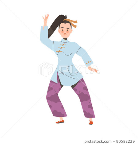Tai Chi Practice with Woman in Kimono Doing Qigong Exercise as Internal Chinese Martial Art Vector Illustration 90582229