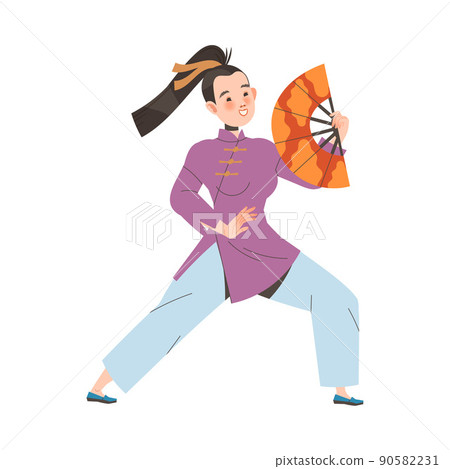 Tai Chi Practice with Woman in Kimono with Fan Doing Qigong Exercise as Internal Chinese Martial Art Vector Illustration Tai Chi Practice with Woman in Kimono with Fan Doing Qigong Exercise as Internal Chinese Martial Art Vector Illustration 90582231