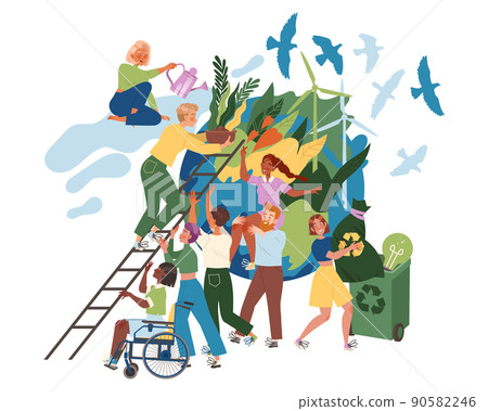 People Character Caring about Planet Gathering Near Earth Globe Saving Ecosystem Vector Illustration 90582246