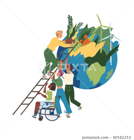 People Character Caring about Planet with Ladder Near Earth Globe Saving Ecosystem Vector Illustration 90582253