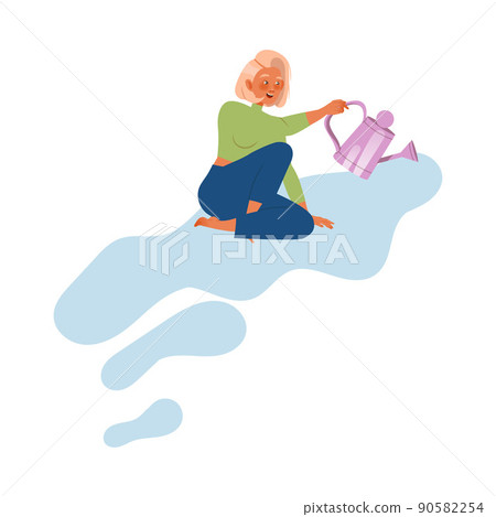 Young Woman Sitting on Cloud with Watering Can Engaged in Planting and Gardening Saving Earth Taking Care of Nature and Environment Vector Illustration 90582254