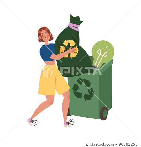 Woman Character Caring about Planet Carrying Garbage Bag in Recycle Bin Saving Ecosystem Vector Illustration Woman Character Caring about Planet Carrying Garbage Bag in Recycle Bin Saving Ecosystem Vector Illustration 90582255