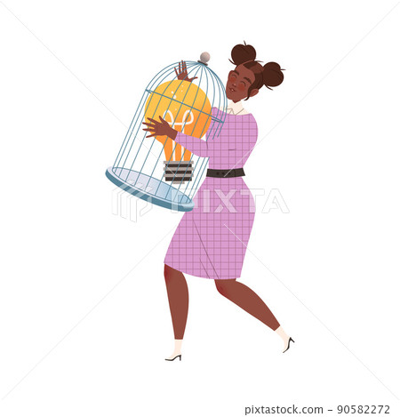 African American Woman Carrying Cage with Light Bulb as Smart Idea and Solution Vector Illustration 90582272