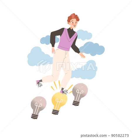 Man Climbing Up the Sky Stepping on Light Bulb as Smart Idea and Solution Vector Illustration 90582273
