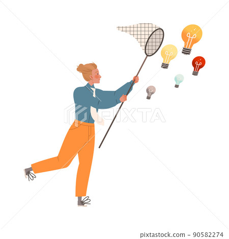 Man with Net Catching Light Bulb as Smart Idea and Solution Vector Illustration 90582274