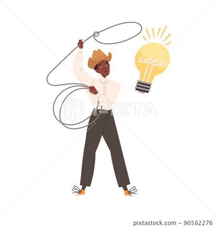 Man in Cowboy Hat with Lasso Catching Light Bulb as Smart Idea and Solution Vector Illustration Man in Cowboy Hat with Lasso Catching Light Bulb as Smart Idea and Solution Vector Illustration 90582276
