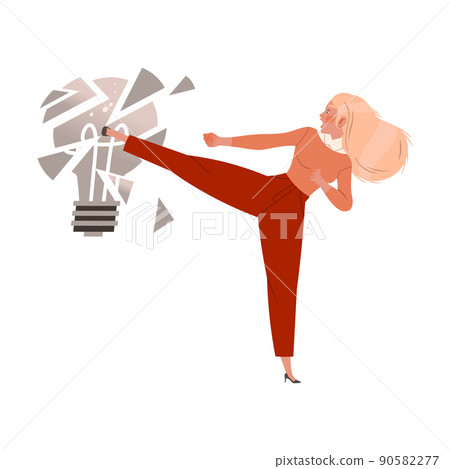 Woman Breaking Blown Light Bulb as Lack of Idea and Solution Vector Illustration 90582277