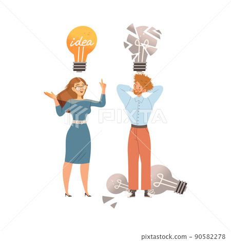 Man and Woman with Light Bulb as Smart Idea and Solution Vector Illustration Man and Woman with Light Bulb as Smart Idea and Solution Vector Illustration 90582278