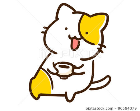 一隻可愛的貓在喝咖啡時放鬆的變形插圖 90584079