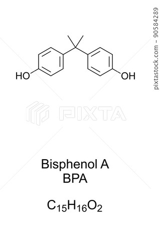 Bisphenol A, BPA, chemical formula and skeletal structure. Chemical compound used in the manufacturing of various plastics. Its largest single application is as co-monomer in polycarbonate production. 90584289