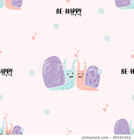 Seamless pattern with pair of snails in love with hearts on white background with flowers and words - Be happy every day. Vector illustration. For design, decor, wallpaper, textile 90584362