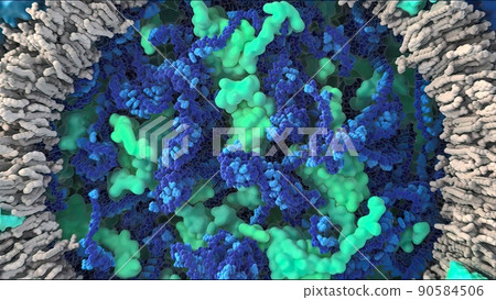 3D illustration of cell and internal structure on black background 90584506