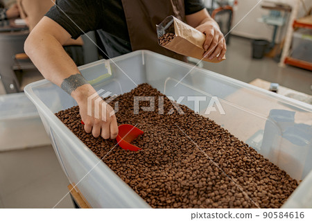 Close up of barista's hands packing roasted coffee beans into packages for sale  90584616