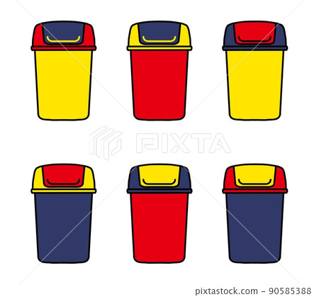 Set of 6 red, blue and yellow trash can illustrations 90585388