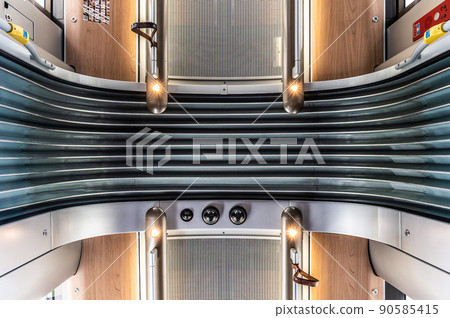 Brussels Old Town, Brussels Capital Region - Belgium - Contemporary interior design of a modern tramway during the Brussels lockdown indicating safe seats Brussels Old Town, Brussels Capital Region - Belgium - Contemporary interior design of a modern tramway during the Brussels lockdown indicating safe seats 90585415
