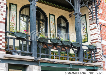 Laeken, Brussels Capital Region - Belgium -  facade and balcony of a house in late art nouveau style 90585423