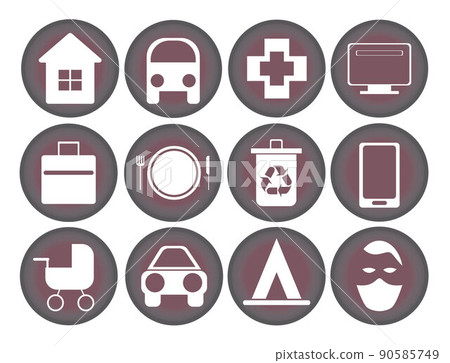 Vector set of 12 round icons with city related items, grey with pink hue 90585749