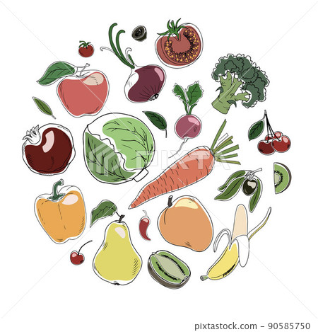 Set of doodle style colorful fruits and vegetables isolated on white background Set of doodle style colorful fruits and vegetables isolated on white background 90585750
