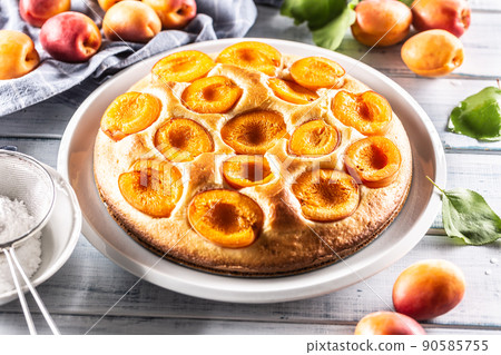 Sponge apricot cake on kitchen table with sugar powder 90585755