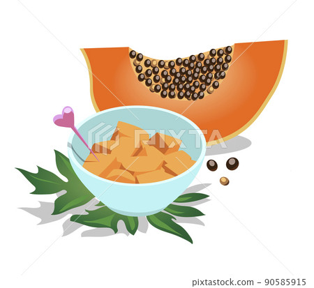 Fresh papaya fruit halved and papaya pieces served in a bowl with a spike. Isolated on white background 90585915