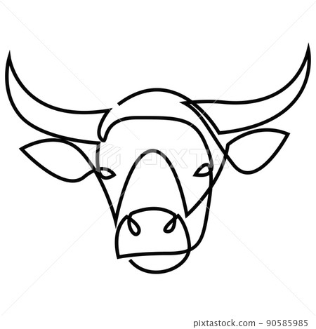 Cow head in continuous line art drawing style. Horned bull portrait minimalist black linear sketch. Vector illustration. 90585985