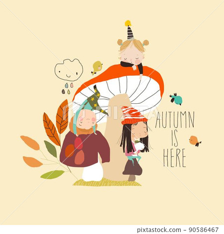 Cute Cartoon Children enjoying Autumn on Big Mushrooms 90586467
