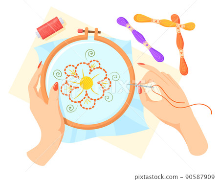 Handmade embroidery icon. Sewing hands. Female hobby 90587909