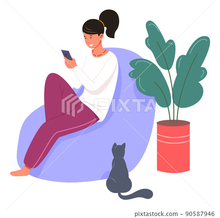 Young woman sitting on lazy chair withsmartphone. Social media addiction 90587946