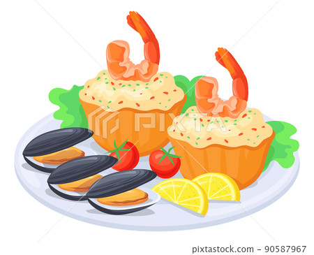 Seafood dish icon. Cartoon shrimp cake and mussels 90587967