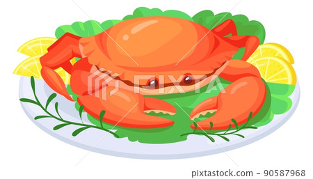 Crab on plate. Sea food dish cartoon icon 90587968