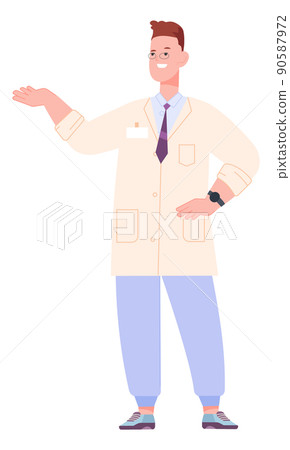 Man in lab coat showing things. Scientist presents Man in lab coat showing things. Scientist presents 90587972
