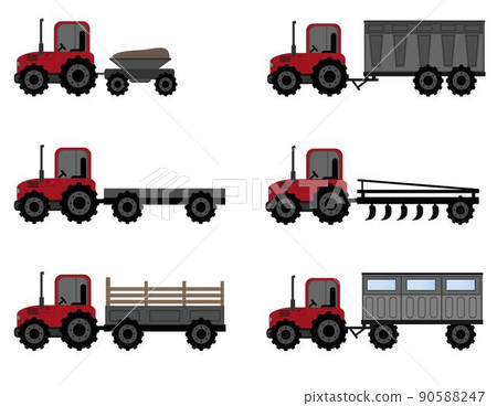 Tractor, set of tractors with trailer and containers isolated on white background. Sowing season or Agriculture concept. vector illustration. Tractor, set of tractors with trailer and containers isolated on white background. Sowing season or Agriculture concept. vector illustration. 90588247