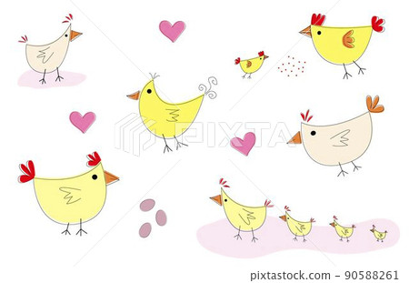 Doodle drawing, chicken doodle. Simple vector illustration of chicken with lines. Set of cute hens and chicks 90588261